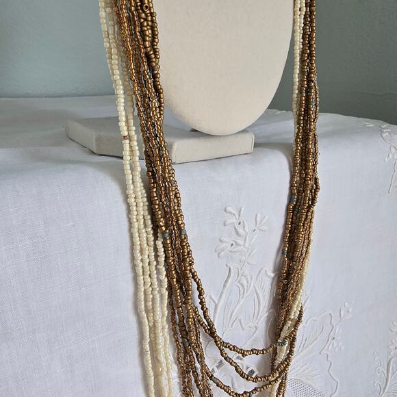 Vintage Beaded Necklace Braided Long Multistrand Cream Bronze Classic Boho Glam - Picture 9 of 12